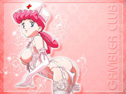 artist_name blue_eyes breasts censored character_name copyright_name elbow_gloves face_pattern female female_only gambler_club gloves hat human human_only lingerie medium_breasts nurse nurse_cap nurse_joy panties panty_pull pink_hair pokemon pokemon_(anime) ribbon solo stockings thighhighs underwear undressing wallpaper website white_panties