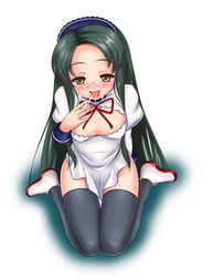 cleavage cum facial green_hair long_hair maid nagii suzumiya_haruhi_no_yuuutsu thighhighs tongue tsuruya very_long_hair yellow_eyes