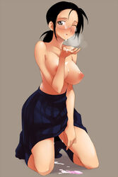 after_sex black_hair blush breasts breath condom copyright_request cum cum_in_mouth cum_on_body cum_on_breasts cum_on_upper_body footwear glasses kneeling nipples pointless_condom puffy_nipples skirt socks topless used_condom wince wink yurikawa