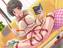 1girls barefoot bondage book bottomless bound_ankles bound_feet bound_legs box_tie breast_bondage breasts brown_hair butterfly_sitting clothing couch dutch_angle feet female female_only galge.com human kei_jiei no_panties original reading rope rope_tie school_uniform self_bondage serafuku short_hair solo toes undressing wallpaper yellow_eyes