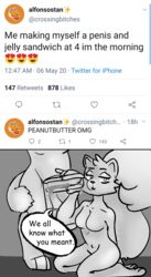 anthro duo english_text felid feline female food food_fetish food_penetration food_play furry genitals kiwiscribbles male mammal penis profanity rodent sciurid squirrel_tail straight text unknown_artist