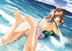 anus ass backpussy ball barefoot beach beach_ball blush breasts brown_hair feet female food from_behind fruit holding holding_fruit innertube kawai_rie lovers_(game) no_panties open_mouth pussy red_eyes skirt skirt_lift solo taki_minashika toe-point toes topless uncensored upskirt water watermelon