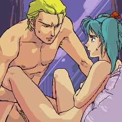 1girls blue_eyes breasts char's_counterattack char_aznable female green_hair gundam human light-skinned_female light_skin long_hair lowres male namboku nude oekaki quess_paraya twintails