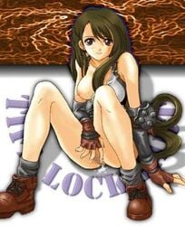 1998 1girls armor bare_shoulders boots breasts breasts_out brown_eyes brown_hair female female_only final_fantasy final_fantasy_vii fingerless_gloves footwear gloves human long_hair looking_back masturbation no_panties project_guys pussy_juice shirt_pull sitting smooth_skin socks solo tifa_lockhart tifa_lockhart_(1997) tifa_lockhart_90's_(style)