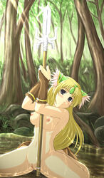 akino_hamo blue_eyes breasts censored female female_only gloves human long_hair nude polearm pussy riesz seiken_densetsu seiken_densetsu_3 sitting solo spear wariza weapon wet