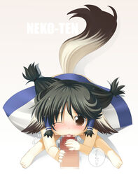 animal_ear aruru_(utawarerumono) barefoot brown_eyes censored dog_ear fellatio from_above fujishiro_touma highres japanese_clothes mosaic_censoring nipples oral penis tail tears tongue utawarerumono wink