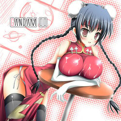 1girls bare_shoulders black_hair black_legwear black_thighhighs blush braid breast_press breasts brown_eyes bun_cover china_dress chinese_clothes cum cum_on_breasts cum_on_clothes elbow_gloves female fully_clothed gloves gundam gundam_00 huge_breasts leaning_forward long_gloves panties red_eyes resting_breasts smile solo stem_(roam) thighhighs twin_braids underwear wang_liu_mei wet