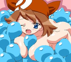 bandana bandana_only between_breasts blue_eyes breasts brown_hair female gambler_club human human_only large_breasts lowres may_(pokemon) nintendo nude oekaki pokemon pokemon_rse red_bandana solo source_request straight_hair wink