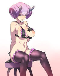 ban bra breasts female gloves horns navel nipples purple_hair sitting solo thighhighs