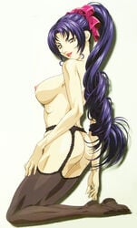 accurate_art_style ass bible_black bible_black_gaiden blue_hair bow breasts garter_belt hairbow kneeling kozono_nami lipstick long_hair looking_back makeup nude official_art ponytail purple_hair sideboob thighhighs tied_hair topless yellow_eyes yoshiten