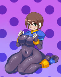 aile bodysuit breast_squeeze breasts brown_hair capcom curvy female female_only green_eyes highres large_breasts maniacpaint mega_man mega_man_zx plump shirt_lift smile solo thick_thighs thighs voluptuous