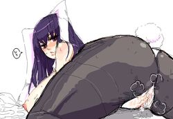 animal_ears black_legwear breasts bunny_ears bunny_tail cum from_behind huge_breasts large_breasts long_hair mumu pantyhose purple_eyes purple_hair pussy tail torn_clothes uncensored