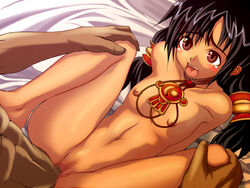 abs arms_behind_back bed black_hair blush brown_eyes censored dark-skinned_male dark_penis dark_skin female flat_chest has_uncensored_version highres human interracial lying male nude on_back ookami_yuuki open_mouth sex soul_calibur spread_legs straight talim tied_hair twintails vaginal_penetration