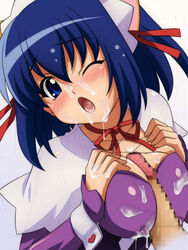 big_breasts blue_hair blush breasts censored choker cum cum_on_clothes erect_nipples facial female head_tilt human kokubunji_koyori large_breasts maid male nurse_witch_komugi-chan open_mouth paizuri penis short_hair straight sugimura_tomokazu tongue wink