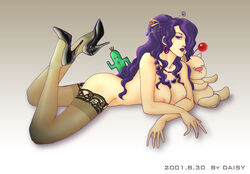 1girls 2001 alternate_hair_color breasts cactuar daisy_(artist) doll female female_only final_fantasy final_fantasy_x footwear high_heels human lulu_(final_fantasy) moogle nipples on_front purple_hair sabotender shoes solo stockings thighhighs