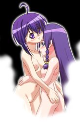 2girls ahoge ass ass_grab ayase_yue bangs blue_eyes blush braid eyebrows_visible_through_hair eyes female flat_chest gambler_club hair_over_eyes hug long_hair mahou_sensei_negima mahou_sensei_negima! miyazaki_nodoka multiple_girls nude purple_eyes purple_hair simple_background smile steam yuri