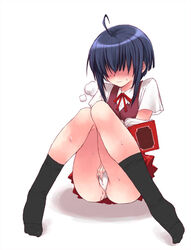 ahoge blush book clothed_masturbation clothing fingering footwear fuyube_rion hair_over_eyes heavy_breathing legs mahou_sensei_negima mahou_sensei_negima! masturbation miyazaki_nodoka panties pantyshot pantyshot_(sitting) pantyshot_sitting pussy_juice reading school_uniform serafuku sitting skirt socks sweat underwear