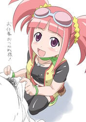 1boy 1girls 2d age_difference clothing dinosaur_king female female_focus flaccid_penis glasses human latex long_hair male male_pov male_pubic_hair noseless partial_male penis pink_hair pov purple_eyes smile stockings straight tatsuno_malm text thighhighs tied_hair toony translated twintails uncensored white_male white_penis youkan