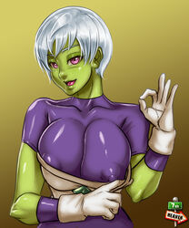 1girls 7th-heaven alien_girl areolae battle_armor big_breasts breasts cheelai clothed dragon_ball dragon_ball_super elastic_armor female female_only gloves green_skin humanoid large_breasts looking_at_viewer nipples short_hair solo white_hair