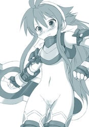 antenna_hair armor blush censored clothing female female_only fingerless_gloves flat_chest gloves hairband long_hair monochrome no_panties pussy sawatari_jinshi shinrabanshou shizuku_(shinrabanshou) solo solo_female stockings thighhighs