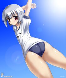 artist_cg bloomers cameltoe facing_viewer higher_resolution_duplicate mayura mukei name_tag stretching suggestive sweat ukagaka