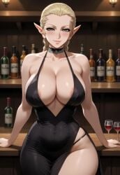 1girls ai_generated areola backless_dress bar bare_shulders black_dress blonde_hair blush breasts claymore cleavage collarbone cowl_neck curvaceous_figure evening_dress evening_gown female grey_eyes halter_dress huge_breasts large_breasts ophelia_(claymore) plunging_neckline pointy_ears remington34 sideboob single_braid smile thicc_thighs thong underboob wide_hips