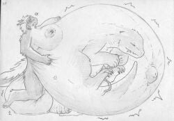 anthro balls belly big_belly breasts dragon duo fangs fetal_movement foreskin futanari genitals herm humanoid intersex male monochrome mythological_creature mythological_scalie mythology penis pregnant scalie teeth tr-0761-2 uncircumcised unretracted_foreskin