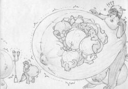 anthro balls belly big_belly breasts dragon duo fangs fetal_movement foreskin futanari genitals herm humanoid intersex male monochrome mythological_creature mythological_scalie mythology penis pregnant recursive_pregnancy scalie scp-183-jp scp_foundation teeth tr-0761-2 uncircumcised unretracted_foreskin