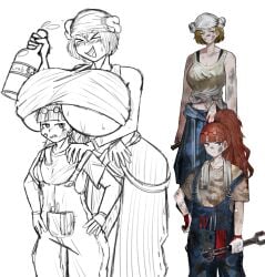 2girls acubedpersonoid blonde_hair breasts breasts_bigger_than_head clothing crop_top dirty female gigantic_breasts head_between_breasts limbus_company mika_(library_of_ruina) olga_(library_of_ruina) overalls ponytail project_moon red_hair sketch sweat wine_bottle