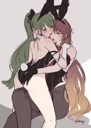 2girls aketa_mikoto animal_ear_hairband animal_ears bare_legs black_leotard black_pantyhose blush brown_eyes brown_hair commentary_request elbow_gloves fake_animal_ears fake_tail female gloves grabbing_another's_ass green_eyes green_hair groping hairband hand_on_another's_shoulder idolmaster idolmaster_shiny_colors ipomopi leotard long_hair multiple_girls nanakusa_nichika open_mouth pantyhose playboy_bunny ponytail pussy_juice_stain rabbit_ears rabbit_tail strapless strapless_leotard tail tongue tongue_out very_long_hair white_gloves yuri