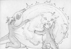 anthro balls belly big_belly breasts dragon duo fangs fetal_movement futanari genitals herm humanoid intersex male monochrome mythological_creature mythological_scalie mythology penis pregnant scalie teeth tr-0761-2