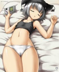 artist_cg cameltoe eyes_closed female gameboy gray_hair handheld_game_console higher_resolution_duplicate jester_hat mayura midriff mukei nintendo panties sleeping small_breasts tanktop thick_thighs ukagaka