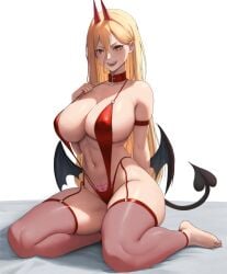alternate_breast_size alternate_costume animal_collar barefoot blonde_hair bloom blush breasts brown_eyes chainsaw_man cleavage collar collarbone covered_nipples demon_girl demon_horns demon_tail demon_wings feikyart female full_body garter_belt hair_between_eyes horns large_breasts long_hair looking_at_viewer navel on_bed open_mouth power_(chainsaw_man) pubic_tattoo red_collar red_slingshot_swimsuit red_thighhighs shadow sharp_teeth sideboob simple_background slingshot_swimsuit smile solo stomach swimsuit tail tattoo teeth thighhighs thighs toes underboob upper_teeth_only white_background wings