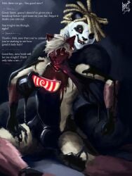 anthro bear black_body black_fur brown_body brown_fur bulge dialogue domestic_cat dominant dominant_anthro dominant_male duo english_text facial_piercing felid feline felis fur giant_panda hi_res hypnosis hypnotic_eyes hypnotic_visor latex liquid_latex male male/male mammal mind_control nose_piercing nose_ring null_bulge piercing ring_piercing saudax7 simple_background sitting submissive submissive_anthro submissive_male tan_body tan_fur text white_body white_fur