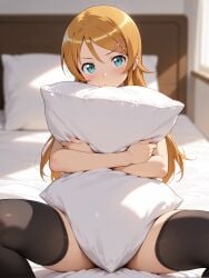 ai_generated aqua_eyes bangs bed bed_sheet bedroom black_legwear black_thighhighs blonde_hair blue_eyes blush breasts closed_mouth clothing curtains female female_only hair_ornament hairclip holding holding_object holding_pillow hugging_pillow indoors kousaka_kirino large_breasts legwear long_hair looking_at_viewer lying milfhunter228 object_hug on_bed orange_hair ore_no_imouto_ga_konna_ni_kawaii_wake_ga_nai pillow pillow_hug sitting solo spread_legs sunlight thighhighs thighs window