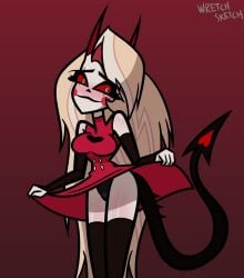 1girls accurate_art_style armwear bangs black_panties blonde_hair blush breasts buttons charlie_morningstar_(hazbin_hotel) clothed clothing demon demon_girl demon_horns demon_tail dress dress_lift embarrassed embarrassed_female female female_focus female_only hazbin_hotel horns long_hair looking_at_viewer multicolored_hair pale-skinned_female pale_skin panties red_dress red_eyes rosy_cheeks simple_background smile tagme tail tease thighhighs thighs white_skin wretch_sketch