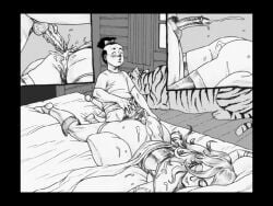 1boy anal ass balls bed blush bottomless breasts comic cum cum_in_ass cum_in_pussy cum_on_body daughter_(milftoon_adventure) ejaculation female fuk_yu greyscale lying male milf milftoon_adventure monochrome penis pillow sex straight testicles thighhighs tiger uncensored