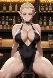 1girls ai_generated areola ass_focus backless_dress bar bare_shulders bent_over_desk black_dress blonde_hair blush breasts claymore cleavage collarbone cowl_neck curvaceous_figure evening_dress evening_gown female from_behind grey_eyes halter_dress huge_breasts large_breasts legs_wide_apart looking_at_viewer looking_back ophelia_(claymore) plunging_neckline pointy_ears remington34 sideboob single_braid smile spread_legs thicc_thighs underboob wide_hips