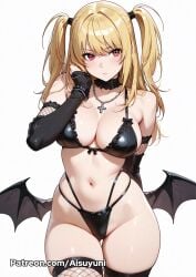 1girls ai_generated aisuyuni bangs blonde_hair breasts choker death_note fishnets goth goth_girl long_sleeves misa_amane red_eyes simple_background thighs white_background wings