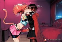 2girls ai_generated animal_ears bare_shoulders bed bike_shorts black_dress black_hair black_shorts blush breasts cape cat_tail closed_eyes collar crop_top dress elbow_gloves english_text erection feline_penis fingerless_gloves french_kiss from_side futa_with_female futa_with_futa futanari gloves gradient_hair handjob heart hooded_cloak indoors kissing large_penis long_sleeves microskirt midriff miniskirt multicolored_hair multiple_girls neon_katt orange_hair pantyhose patreon_logo patreon_username penis pillow pink_skirt precum red_cape red_hair ruby_rose rwby saliva short_hair shorts shorts_under_skirt skirt standing streaked_hair tail tail_bell tail_ornament tail_ring testicles tillian twintails two-tone_hair
