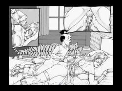 1boy age_difference anus ass balls bed boy_on_top breasts closed_eyes comic daughter_(milftoon_adventure) earrings female female_pubic_hair fuk_yu greyscale indoors jewelry large_breasts long_hair lying male milf milftoon_adventure monochrome nipples on_bed on_stomach penis pillow pillow_hug prone_bone pubic_hair pussy sex sex_from_behind silent_comic straight testicles thighhighs uncensored vaginal_penetration