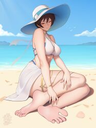 1girls barefoot beach blush boruto:_naruto_next_generations brown_eyes brown_hair cleavage feet female foot_fetish foot_focus full_body hat highres kurotsuchi large_hat looking_at_viewer medium_hair midriff naruto naruto_(series) naruto_mobile ocean parted_lips pinup sand seaside short_hair soles swimsuit toes water xiumu_bianzhou