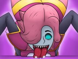 brawl_stars colette_(brawl_stars) edgar_(brawl_stars) giantess giantess_vore imminent_vore licking macro_pred micro/macro micro_prey oral_vore pink_hair saliva_string vore