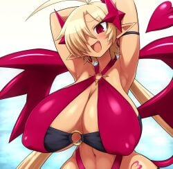 alternate_breast_size armpits belly_button big_boobs bikini breasts cleavage disgaea disgaea_rpg female huge_breasts jadf large_breasts lucy_(disgaea_rpg) nipple_bulge nippon_ichi_software sling_bikini tan_body tanned_skin