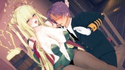 1boy 3d admiral_(azur_lane) alcohol azur_lane beer_mug blonde_hair blush breasts cape cleavage cup drunk dutch_angle female gloves green_leotard indoors koikatsu large_breasts leotard long_hair male military military_uniform napoli_(azur_lane) navel navel_cutout necktie open_mouth pantyhose purple_eyes purple_hair sardegna_empire_(azur_lane) sitting straight tongue uniform white_gloves