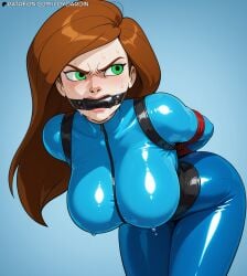 ai_generated big_breasts bondage bondage brown_hair cartoon female female_focus female_only gagged gagged_female green_eyes kim_possible long_hair