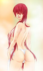 ass back breasts fatal_fury female female_only from_behind hair_down hair_over_eyes human kabane kabane_(follabi) king_of_fighters large_breasts lips long_hair looking_at_viewer looking_back panties red_hair shermie_(kof) side-tie_panties smile snk solo steam thong topless towel underwear very_long_hair wet