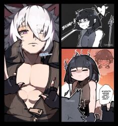 1boy 1boy1girl 1girl1boy 1girls artist_request before_sex cat_boy cat_ears clothed female jane_doe_(zenless_zone_zero) male motion_lines muscular muscular_male nervous pectorals pov pov_female rat_ears rat_girl rat_tail seth_lowell todrawki white_hair zenless_zone_zero