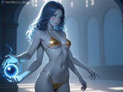 1girls 4_arms ai_generated alternate_costume artist_name belly big_breasts bigz_ai bikini blue_body blue_eyes blue_hair blue_skin bra breasts elden_ring female female_only glowing_eyes glowing_hair golden_bikini holding_object light-skinned_female long_hair magic magic_circle medium_breasts orb panties patreon_username ranni_the_witch witch