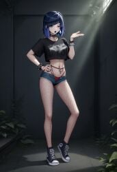 1girls ai_generated belly_chain belly_piercing black_lipstick blowing_kiss blue_hair boxingchamp converse converse_shoes crop_top female fishnet_legwear fishnet_stockings fishnets genshin_impact green_eyes high_waisted_thong micro_shorts microshorts navel_piercing red_thong studded_bracelet studded_collar thong wink winking_at_viewer yelan_(genshin_impact)